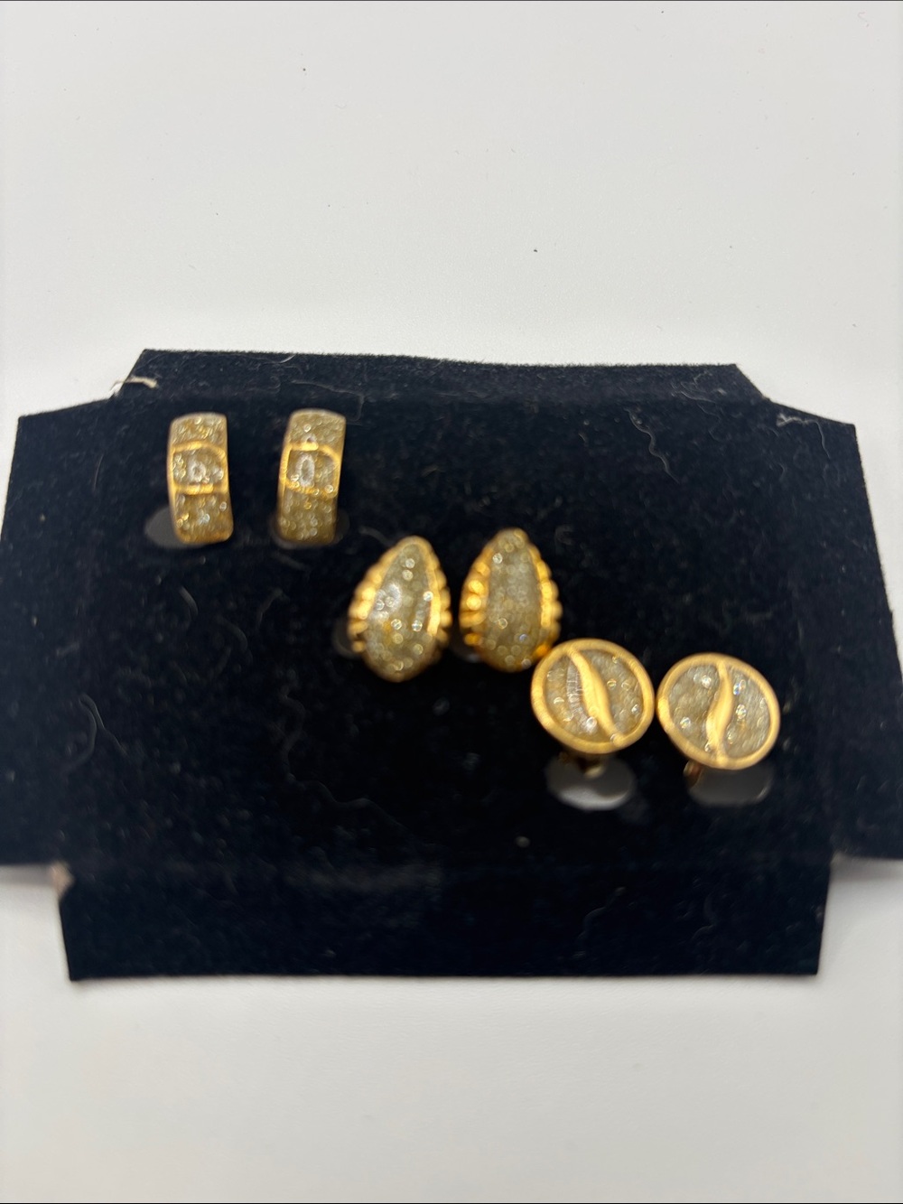 Vintage Genuine Diamond Dust Clip On Earrings 3 Pair Gold Tone Set